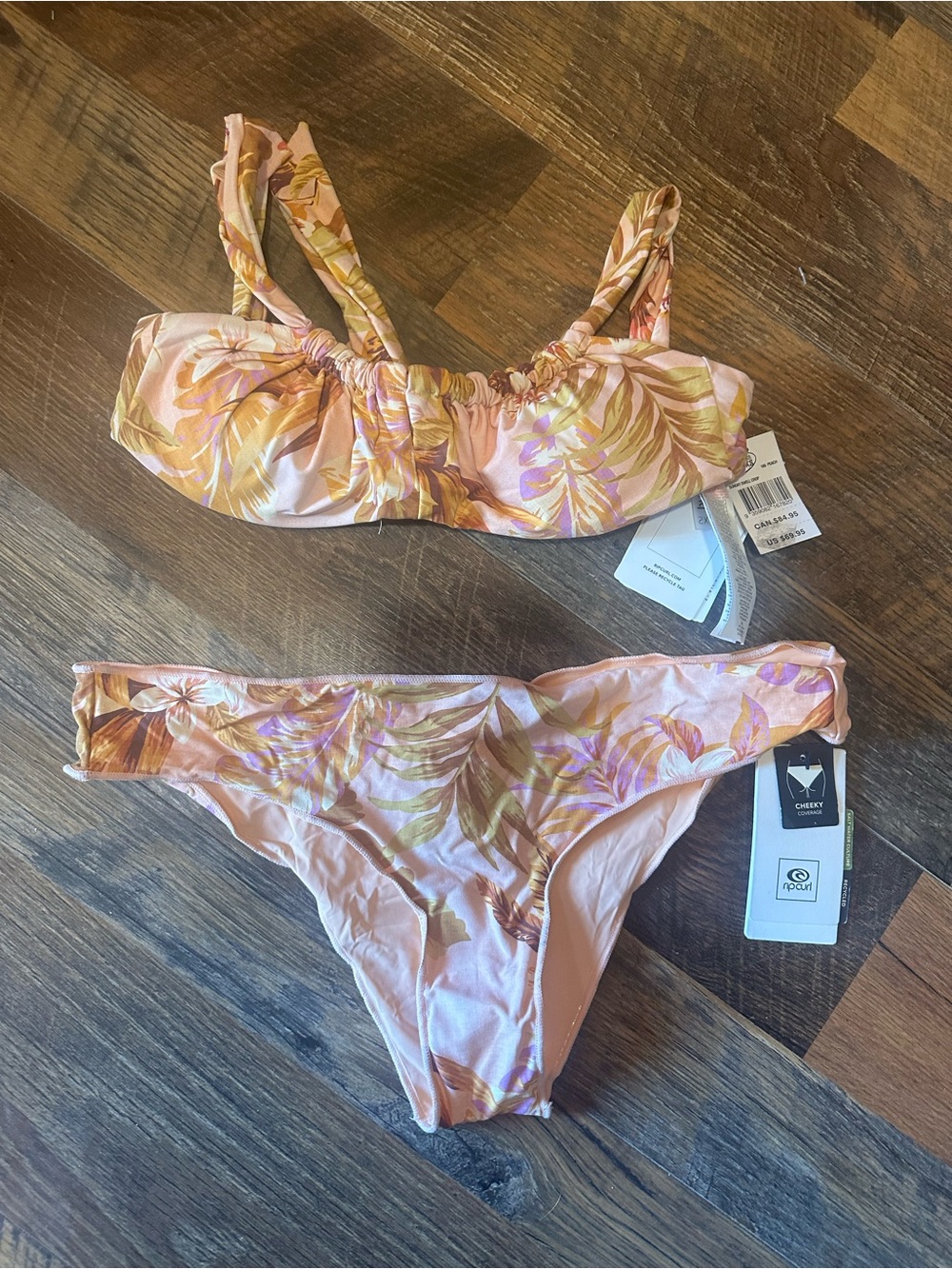 Rip Curl Peach and Lavender Tropical Leaf “Sunday Swell” Bikini Set